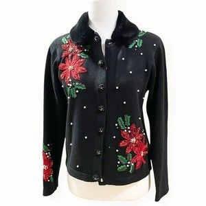 Victoria Jones Petite Embroidered Poinsettia Faux Fur Collar  Cardigan Sweater